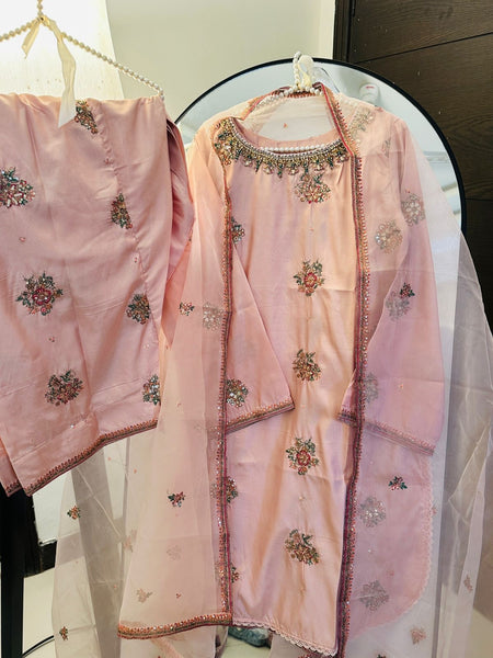 Title: ✨ Handcrafted Raw Silk 3-Piece Ensemble with Farshi Shalwar ✨