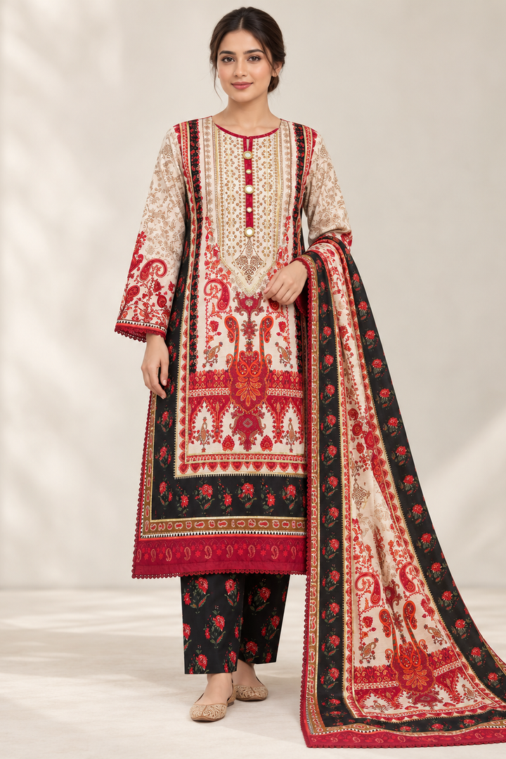 Ivory & Black Paisley Silk Khaddar 3-Piece Suit
