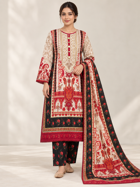 Ivory & Black Paisley Silk Khaddar 3-Piece Suit