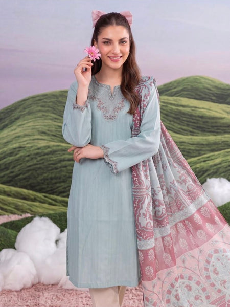 Pastel Blue Embroidered Kurta Set with Printed Dupatta
