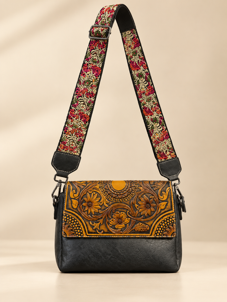 Premium Embossed Leather Crossbody Bag with Embroidered Strap