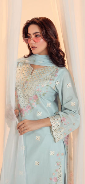 Powder Blue Elegance 3-Piece Embroidered Lawn Suit-Silk Dupata