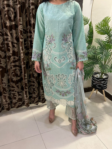 Mint Green Embroidered 3-Piece Lawn Suit Silk Dupata– Luxury Festive Collection