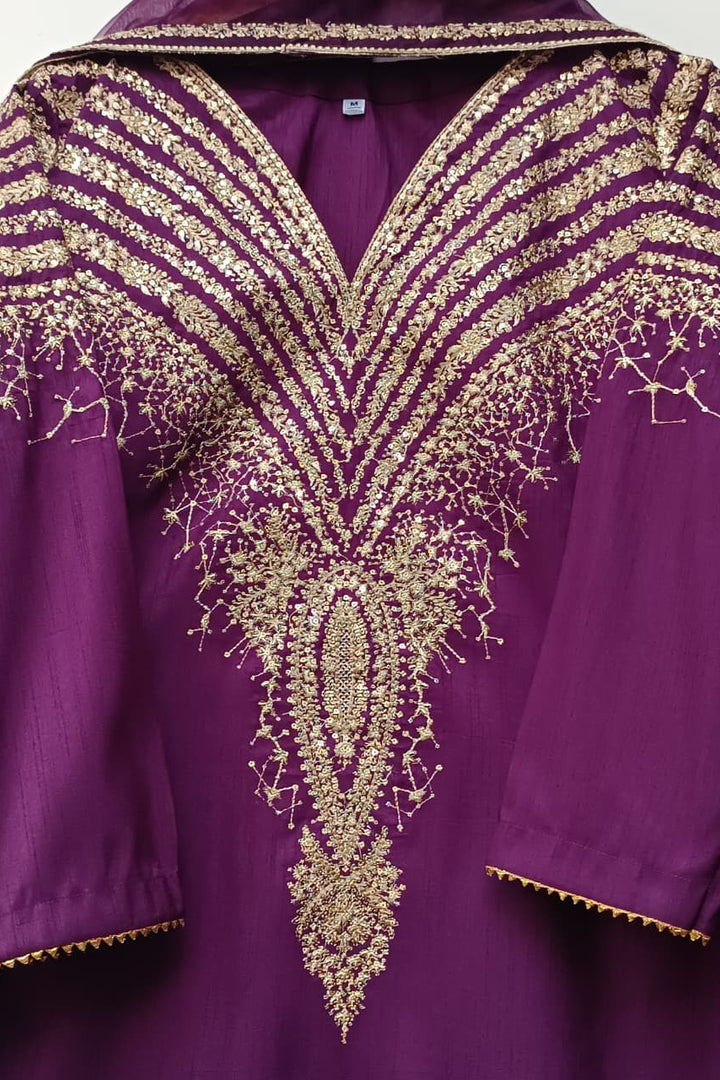 Royal Purple 3Pc Raw Silk Suit with Embroidered Organza Dupatta”