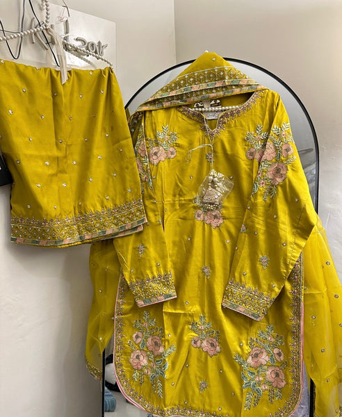 (Delivery after eid) Mustard Yellow Embroidered Rawsilk 3 Piece Suit with Organza Dupatta