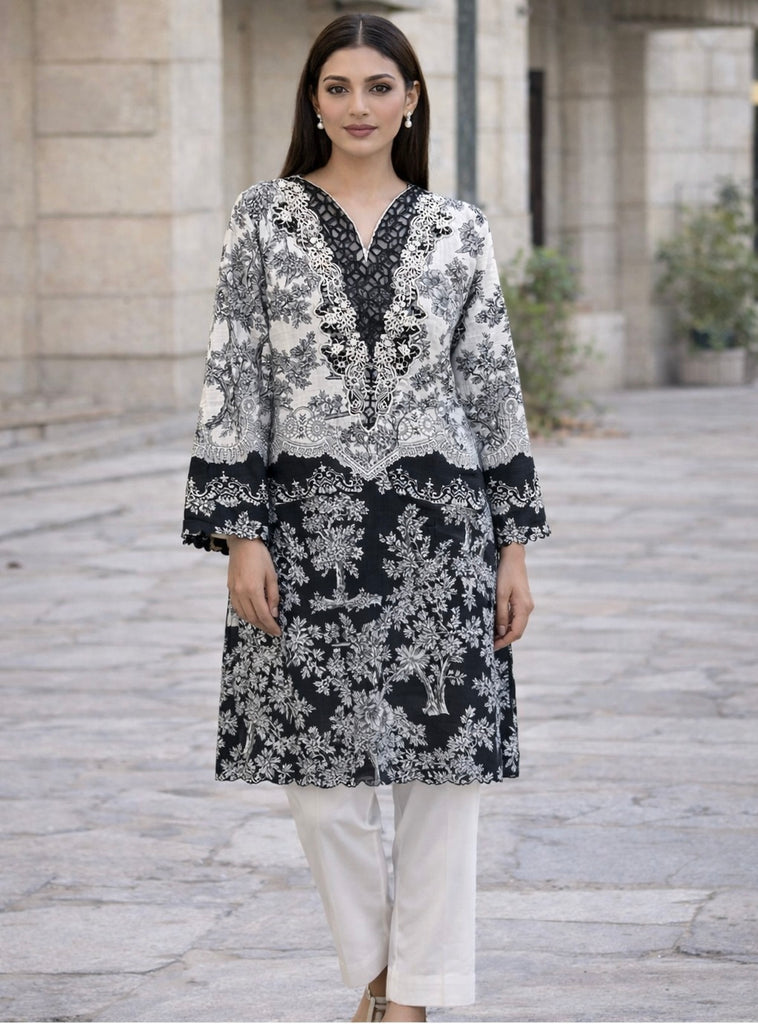 Black & White Printed Khadar Shirt with Embroidered Neck only shirt