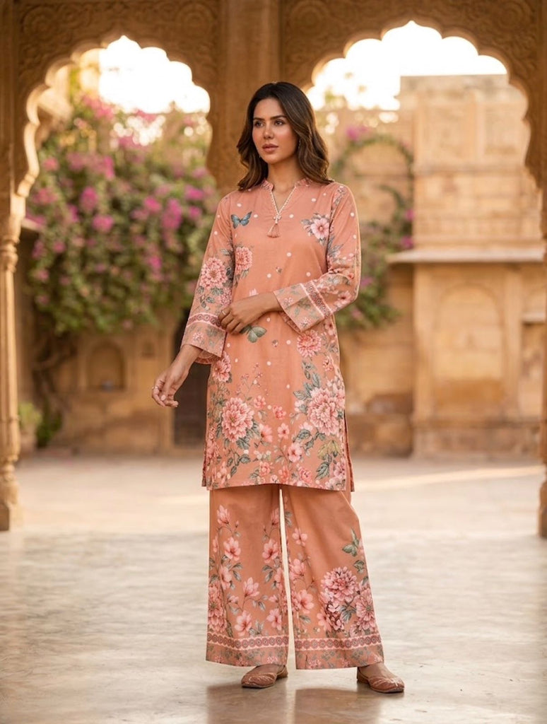 Peach Floral Printed Slub Khadar 2-Piece Winter Suit