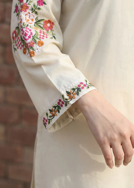 Ivory Floral Embroidered Lawn 3 Piece with Farshi Shalwar & Chiffon Dupatta