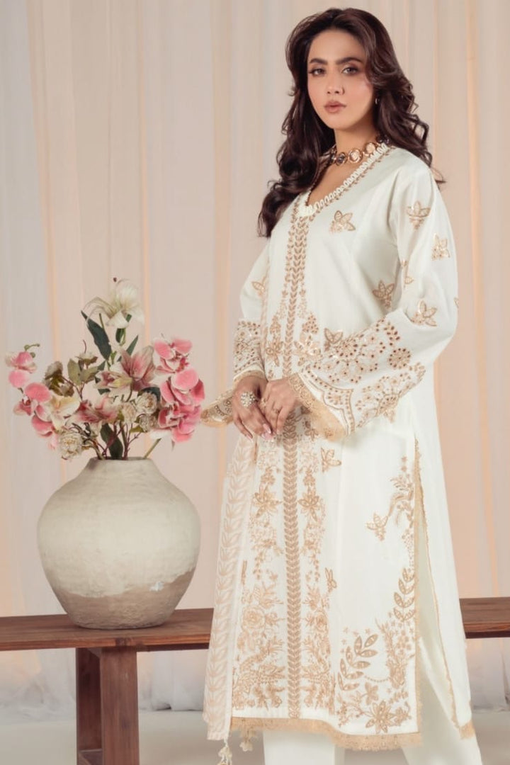 Ivory Gold Embroidered 3-Piece Lawn Suit with Printed Dupatta