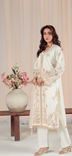 Ivory Gold Embroidered 3-Piece Lawn Suit with Printed Dupatta