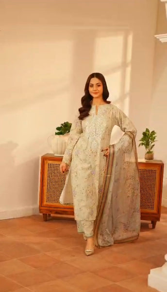 Celestial Mint Embroidered 3-Piece Lawn Suit with Printed Dupatta