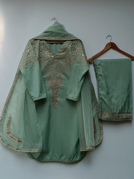 Emerald Elegance: Apple Green 3Pc Raw Silk Ensemble”