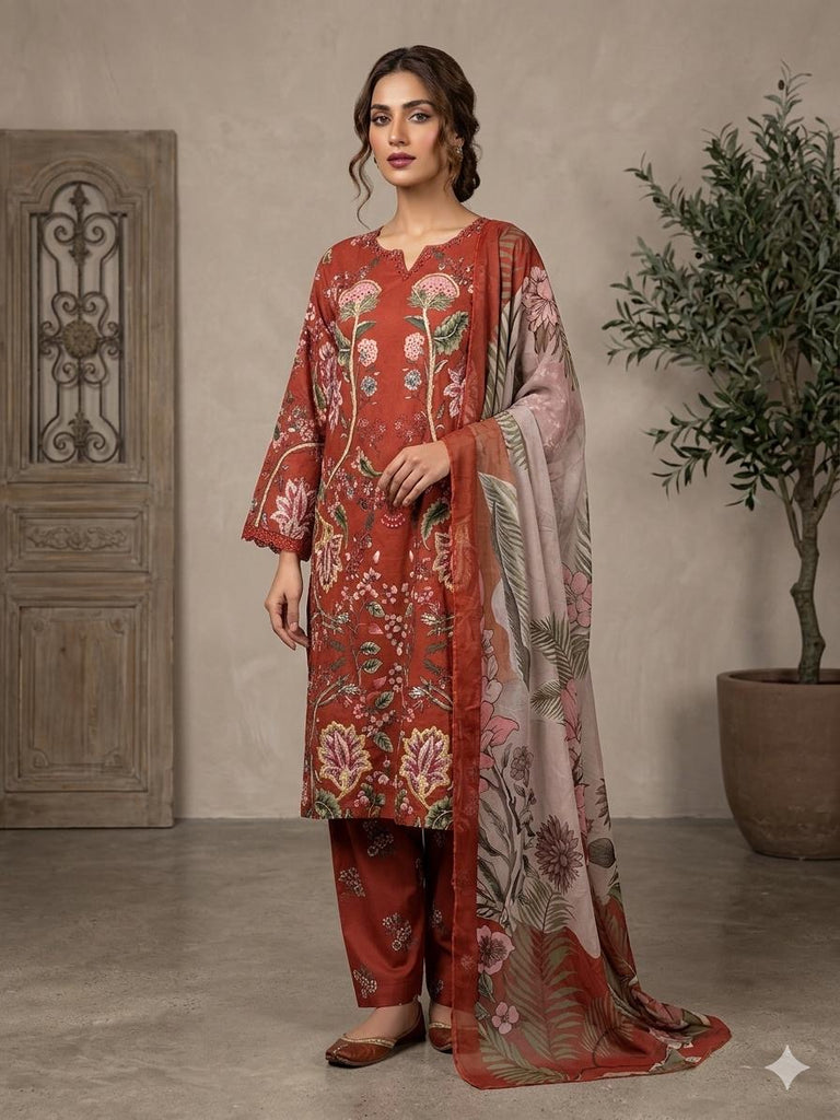 Rust Floral Handmade Neck Kurta Set with Silk Chiffon Dupatta