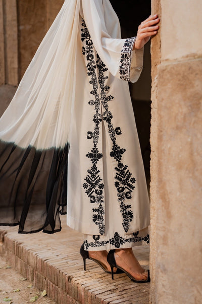 Elegant Ivory Embroidered Straight Kurta with Front & Back Detailing 3 piece summer cotton