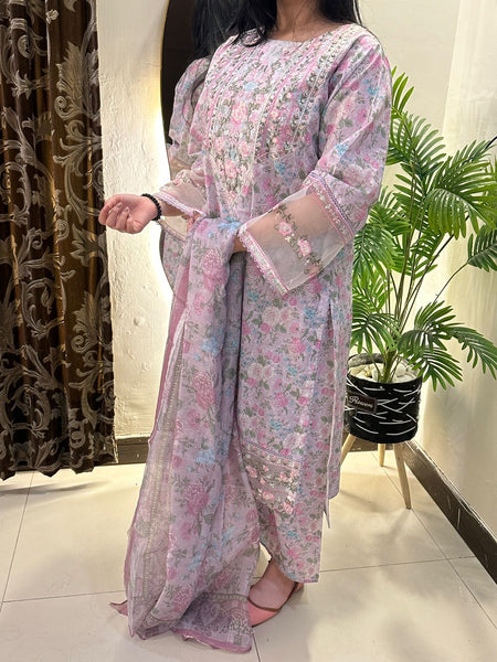 Lavender Bloom Embroidered 3-Piece Lawn Suit