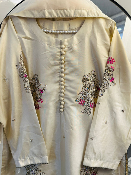 Cream Blossom Embroidered 3-Piece Set (Raw Silk)