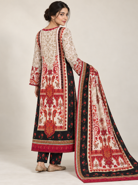Ivory & Black Paisley Silk Khaddar 3-Piece Suit