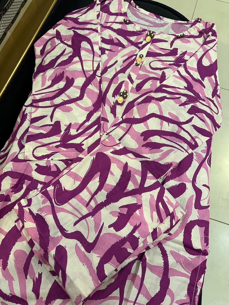 Pink Abstract Printed Lawn Kurti – Pearl Button Detail