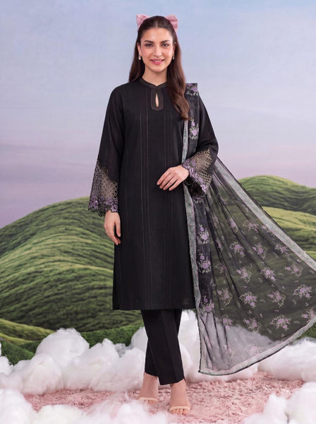 Elegant Black Embroidered Lawn 3-Piece Suit with Printed Dupatta