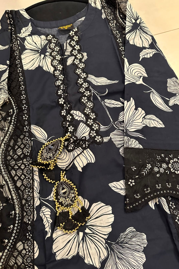 Midnight Bloom 3 Piece Munar Dupatta Suit – Floral Printed Elegance