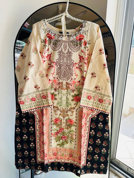 Premium Floral Printed Lawn A-Line Shirt – Beige & Black Contrast