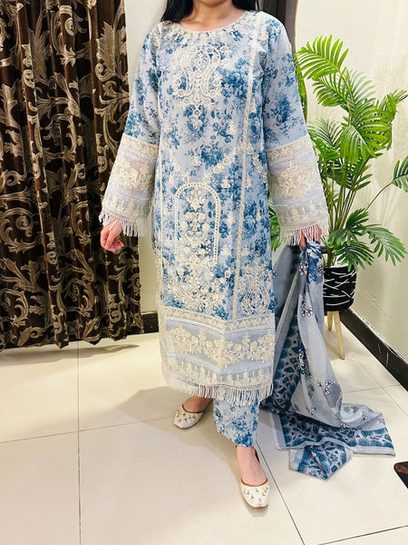 Azure Bloom Embroidered 3-Piece Lawn Suit