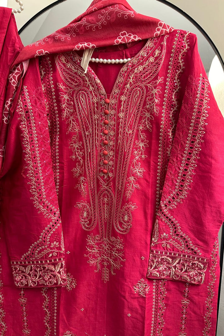 Ruby Red Chicken Kari Suit with Tilla Embroidery – 3 Piece