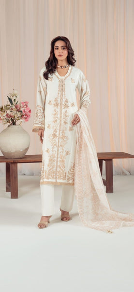 Ivory Gold Embroidered 3-Piece Lawn Suit with Printed Dupatta