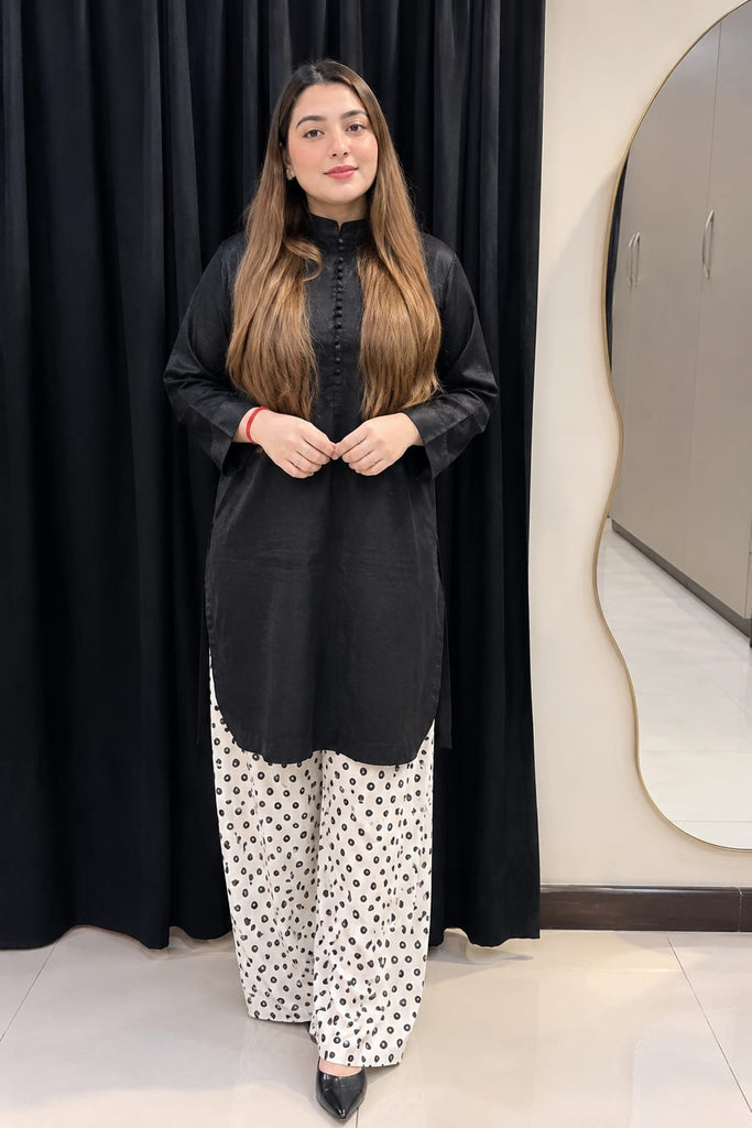 Design-3 Black Silk Shirt with Printed farshi Shalwar – 2 Piece