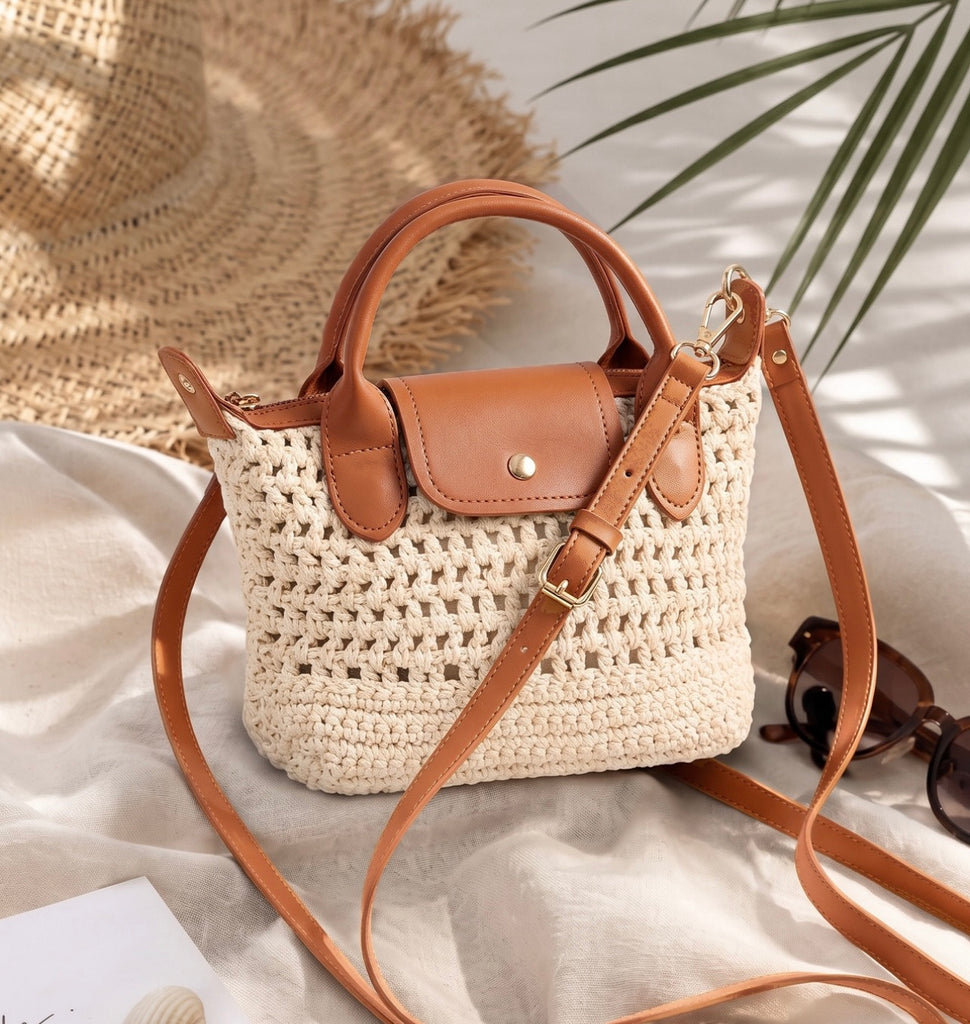 Cream Crochet Handbag with Tan Leather Details & Crossbody Strap