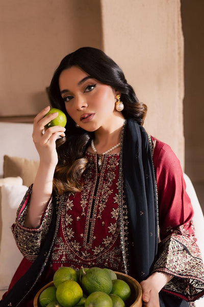 Royal Maroon Embroidered Kurta with Farshi Shalwar & Chiffon Dupatta ✨