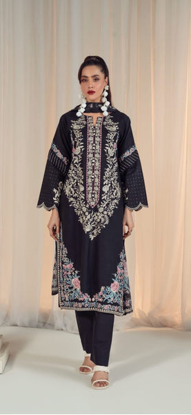 Noir Blossom 3-Piece Embroidered Lawn Suit