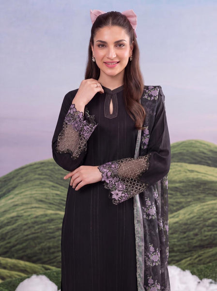 Elegant Black Embroidered Lawn 3-Piece Suit with Printed Dupatta