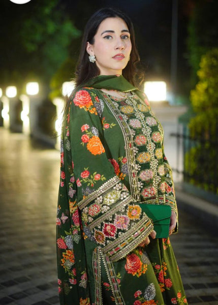ARZAY “Green Floral Embroidered 3-Piece Suit – Luxury winter Collection”