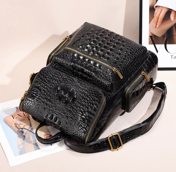 Premium Crocodile Texture Leather Backpack – Elegant & Stylish