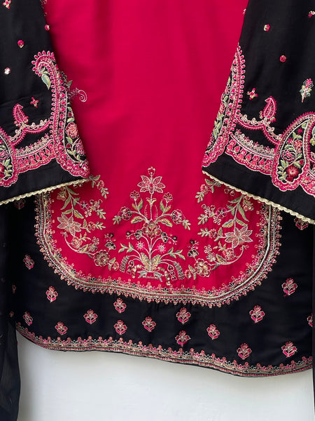 Cotton Lawn 3 Piece Embroidered & Sequin Suit – Black & Ruby Pink
