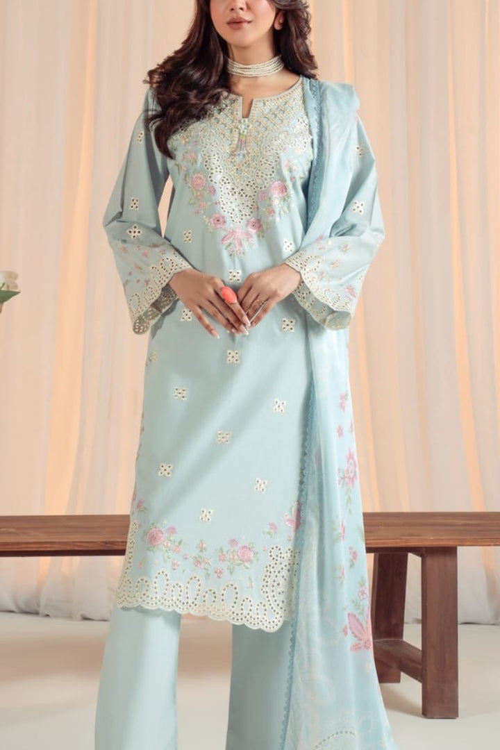 Powder Blue Elegance 3-Piece Embroidered Lawn Suit-Silk Dupata