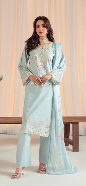 Powder Blue Elegance 3-Piece Embroidered Lawn Suit-Silk Dupata
