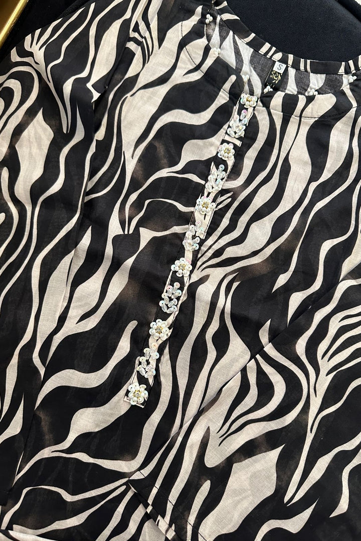 Chic Zebra Print 2PC Set with Embellished Neck – Trendy Black & White Outfit