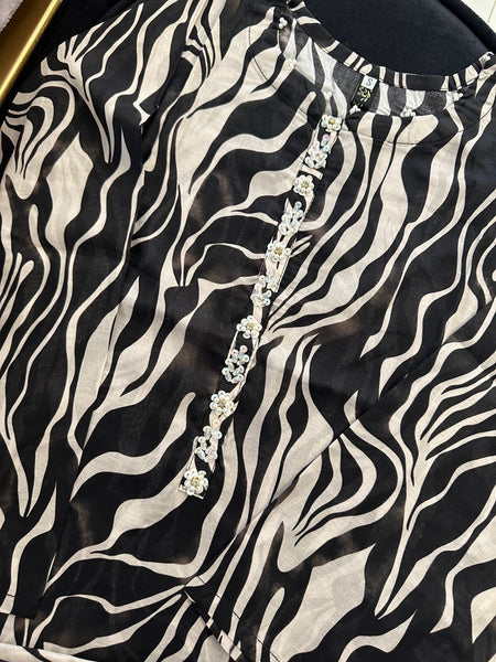 Chic Zebra Print 2PC Set with Embellished Neck – Trendy Black & White Outfit