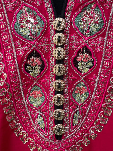 Cotton Lawn 3 Piece Embroidered & Sequin Suit – Black & Ruby Pink