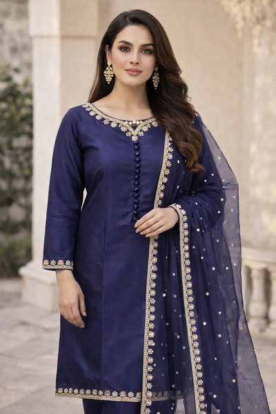 Elegant zinc 3PC Suit with Sequin Tilla Embroidery & Organza Dupatta