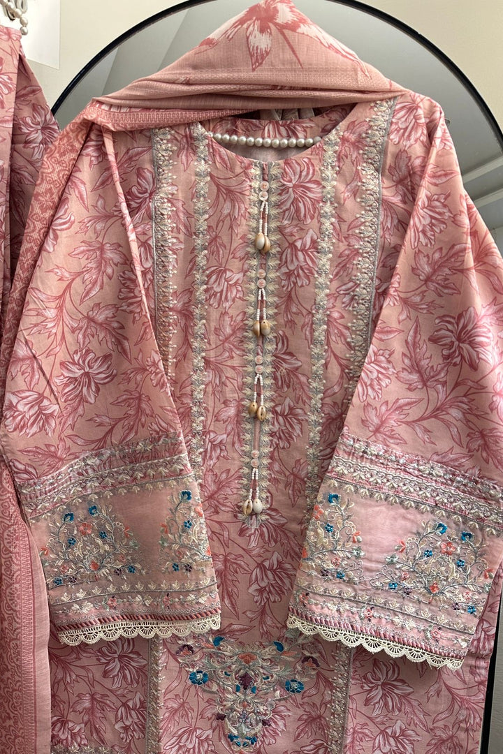 Blush Pink Printed Lawn Suit with Sipi Buttons & Tilla Embroidery – 3 Piece