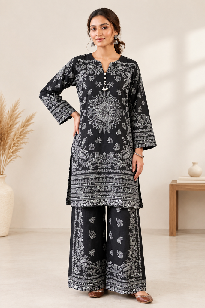 Black & White Printed Slub Khadar 2-Piece Winter Suit