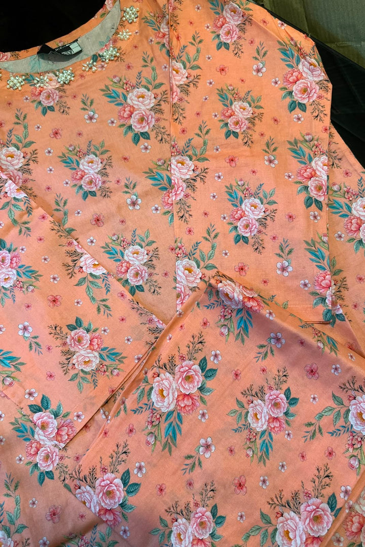 Peach Blossom Printed Kurti – Elegant Floral Summer Wear