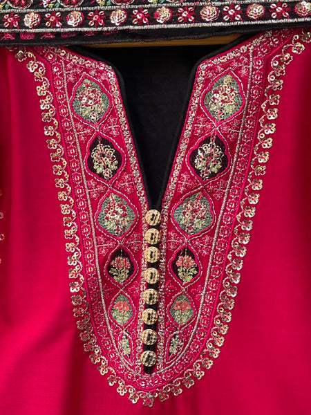 Cotton Lawn 3 Piece Embroidered & Sequin Suit – Black & Ruby Pink