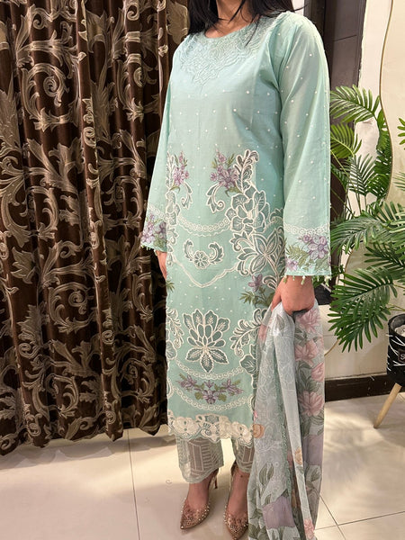Mint Green Embroidered 3-Piece Lawn Suit Silk Dupata– Luxury Festive Collection