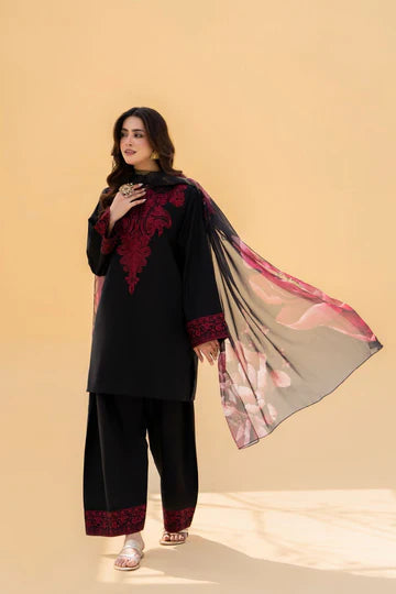 Elegance in Black — Maroon Embroidered