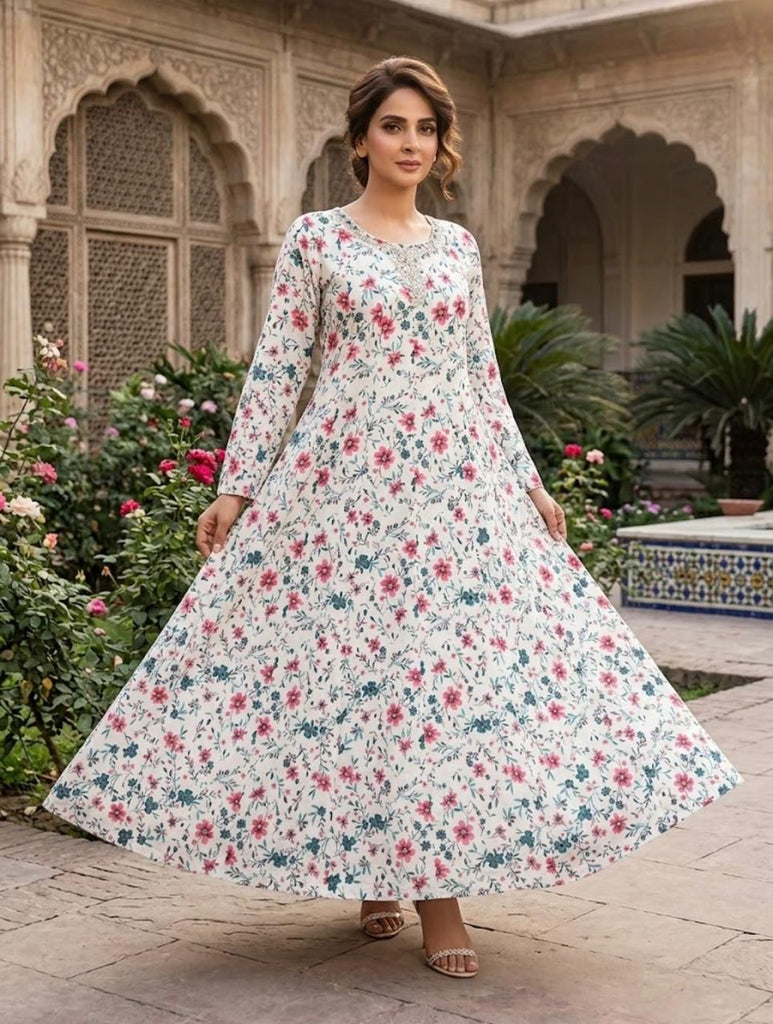 Lawn Printed White Floral Maxi Dress for Women