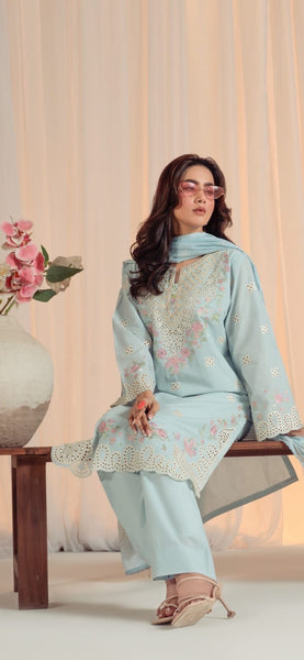Powder Blue Elegance 3-Piece Embroidered Lawn Suit-Silk Dupata